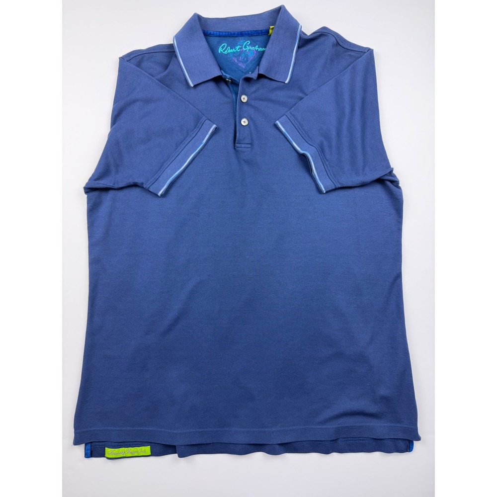 Robert Graham Mens Blue Pique Polo Shirt Classic Fit XL Short Sleeve Tipped Trim